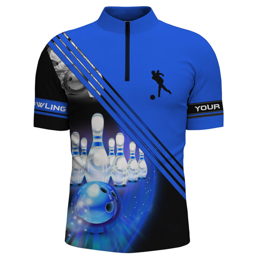 Bowling-Hemden mit Viertelreißverschluss für Männer, personalisierte Bowlingkugel und Pins, Team-Bowlingtrikots | Blau NQS4452