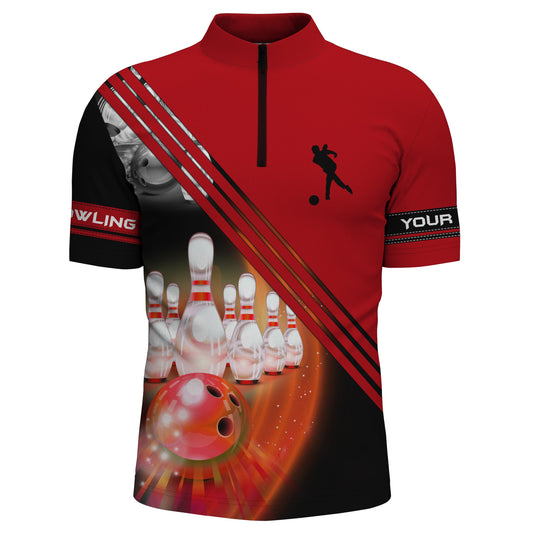 Bowling-Hemden mit Viertelreißverschluss für Männer, personalisierte Bowlingkugel und Pins, Team-Bowlingtrikots | Rot NQS4452