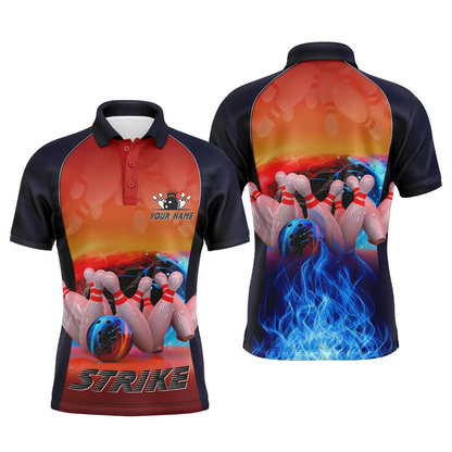 Bowling-Poloshirts für Männer, personalisierter Name, blaue Feuer-Bowlingstrike-Kugel und Pins, Bowlingtrikots NQS4813