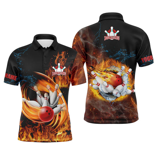 Personalisierte Bowlinghemden für Männer, Flammen-Bowlingkugel und Pins Teamhemd, Bowling-Trikots NQS4459