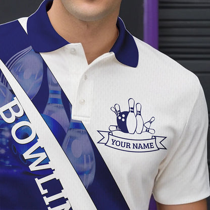 Weiße Bowling-Poloshirts für Herren – Individuelle Bowlingkugel & Pins im Blauen Licht Team-Liga-Trikots NQS6732