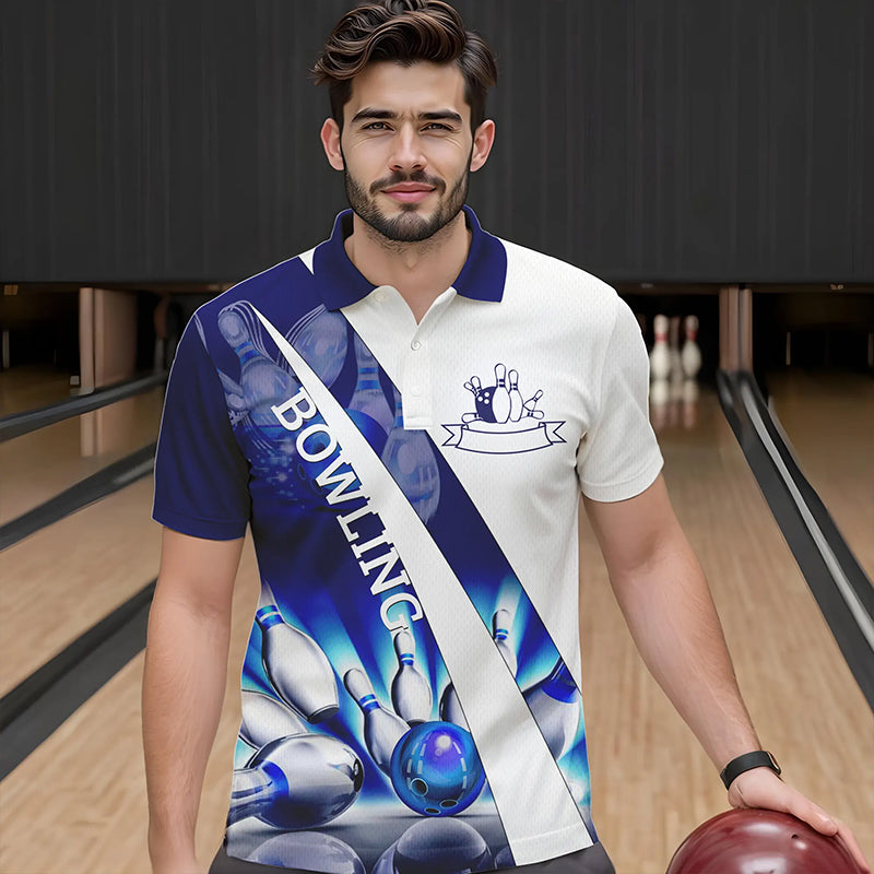 Weiße Bowling-Poloshirts für Herren – Bowlingkugel & Pins im Blauen Licht Team-Liga-Trikots NQS6732.1