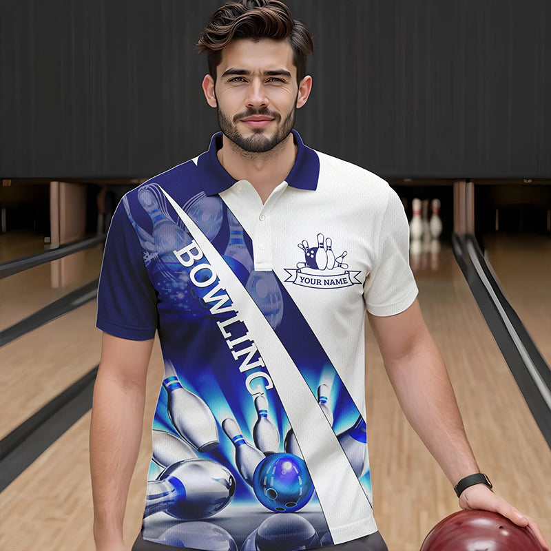Weiße Bowling-Poloshirts für Herren – Individuelle Bowlingkugel & Pins im Blauen Licht Team-Liga-Trikots NQS6732