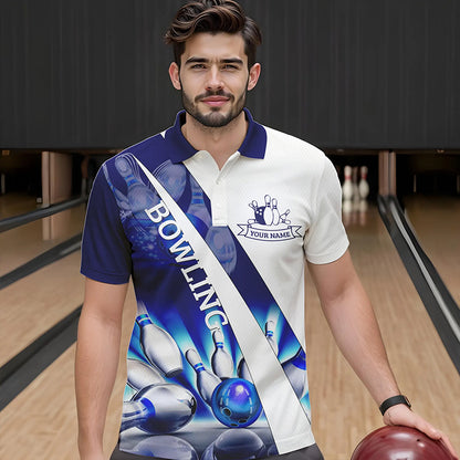 Weiße Bowling-Poloshirts für Herren – Individuelle Bowlingkugel & Pins im Blauen Licht Team-Liga-Trikots NQS6732
