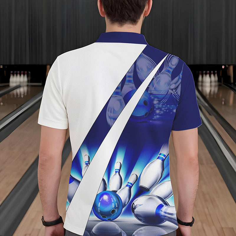 Weiße Bowling-Poloshirts für Herren – Bowlingkugel & Pins im Blauen Licht Team-Liga-Trikots NQS6732.1