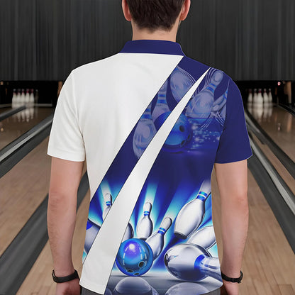Weiße Bowling-Poloshirts für Herren – Bowlingkugel & Pins im Blauen Licht Team-Liga-Trikots NQS6732.1