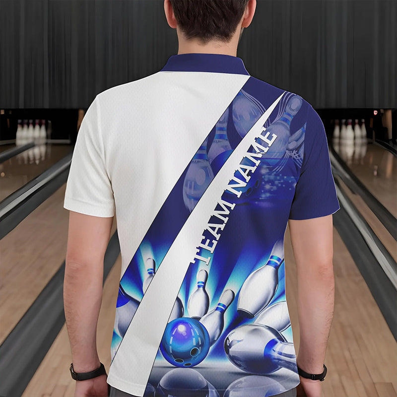 Weiße Bowling-Poloshirts für Herren – Individuelle Bowlingkugel & Pins im Blauen Licht Team-Liga-Trikots NQS6732