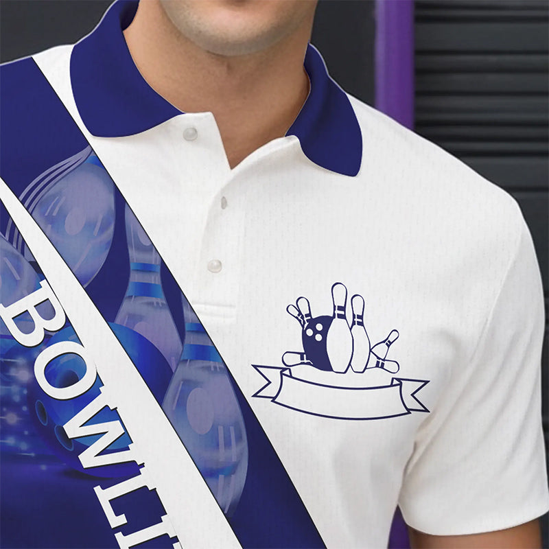 Weiße Bowling-Poloshirts für Herren – Bowlingkugel & Pins im Blauen Licht Team-Liga-Trikots NQS6732.1