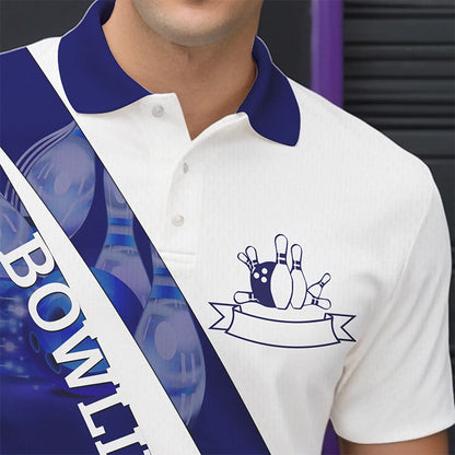 Weiße Bowling-Poloshirts für Herren – Bowlingkugel & Pins im Blauen Licht Team-Liga-Trikots NQS6732.1