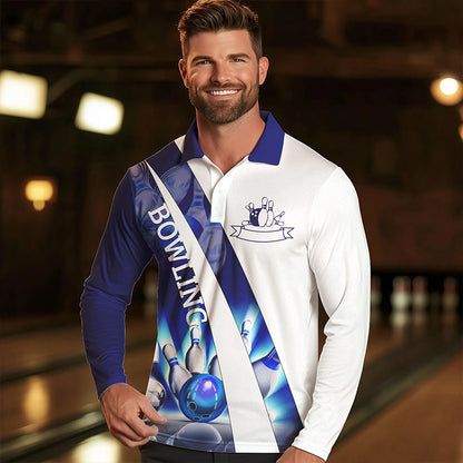 Weiße Bowling-Poloshirts für Herren – Bowlingkugel & Pins im Blauen Licht Team-Liga-Trikots NQS6732.1