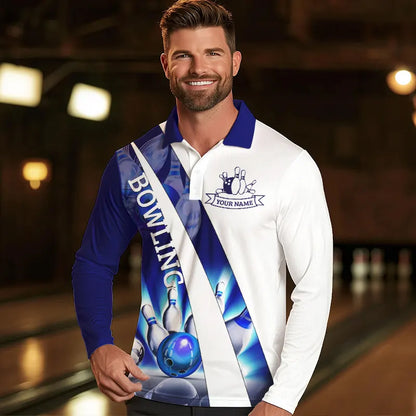 Weiße Bowling-Poloshirts für Herren – Individuelle Bowlingkugel & Pins im Blauen Licht Team-Liga-Trikots NQS6732