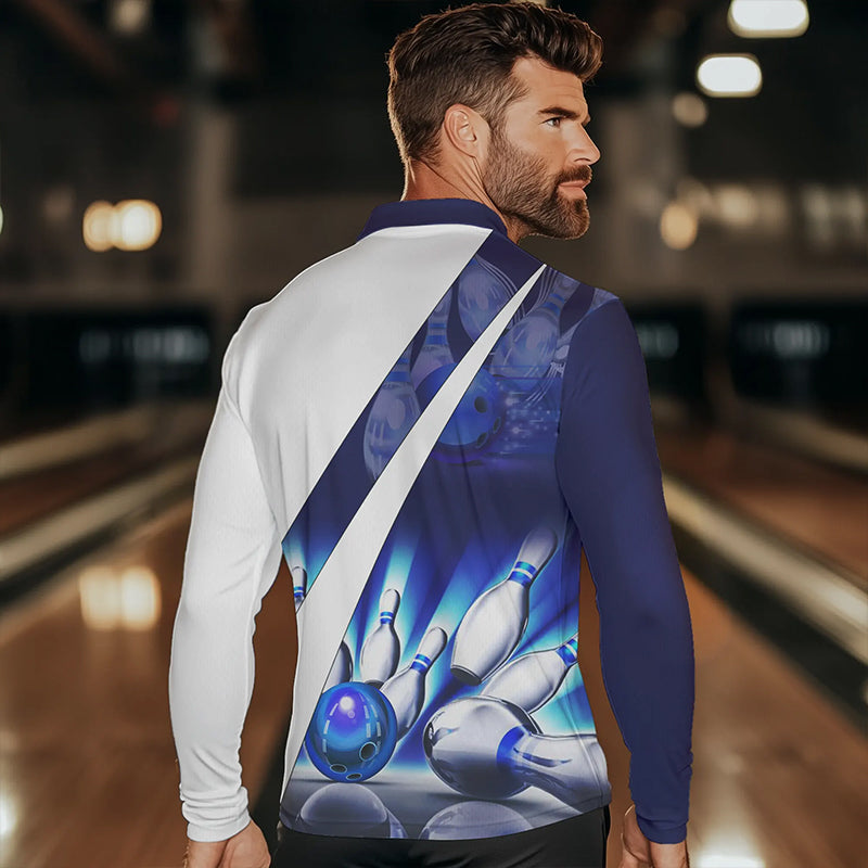 Weiße Bowling-Poloshirts für Herren – Bowlingkugel & Pins im Blauen Licht Team-Liga-Trikots NQS6732.1
