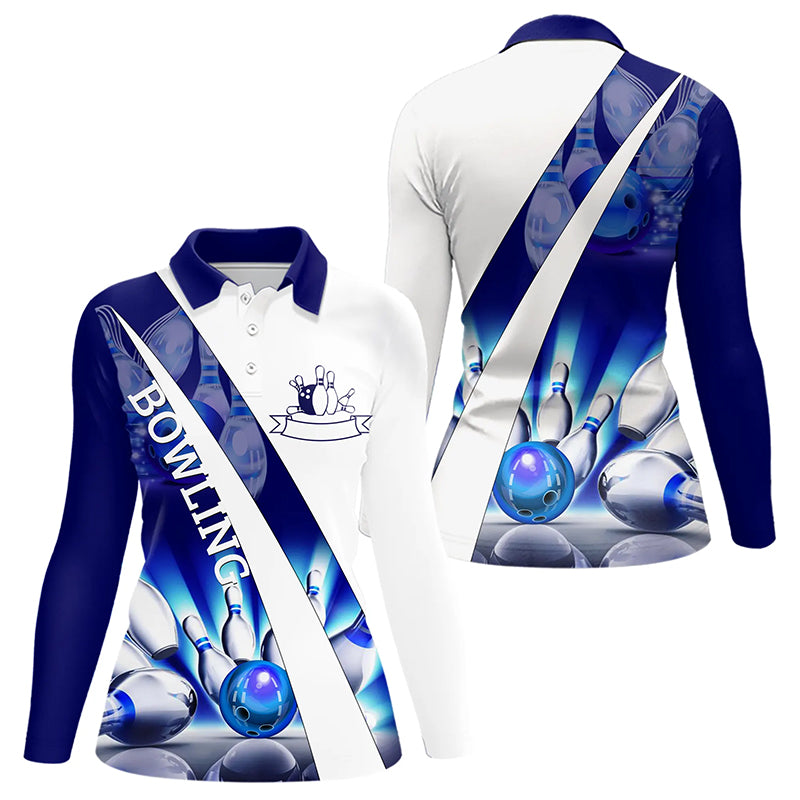 Weiße Bowling-Poloshirts für Damen – Bowlingkugel & Pins im Blauen Licht Team-Liga-Trikots NQS6732.1