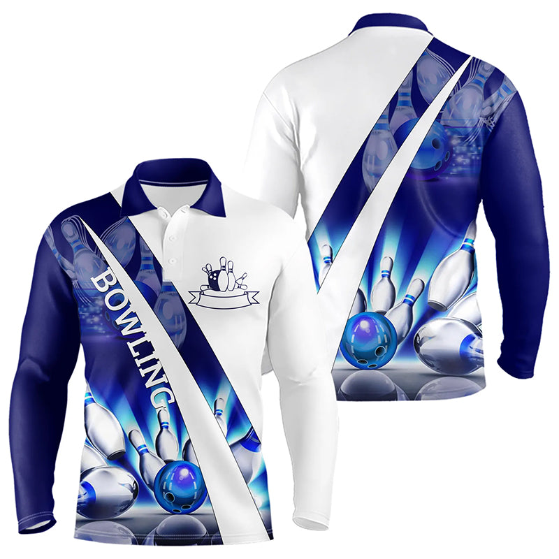 Weiße Bowling-Poloshirts für Herren – Bowlingkugel & Pins im Blauen Licht Team-Liga-Trikots NQS6732.1