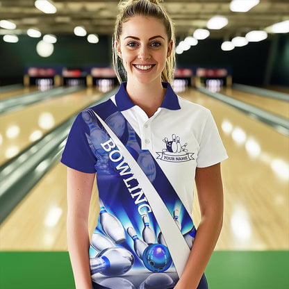 Weiße Bowling-Poloshirts für Damen – Individuelle Bowlingkugel & Pins im Blauen Licht Team-Liga-Trikots NQS6732