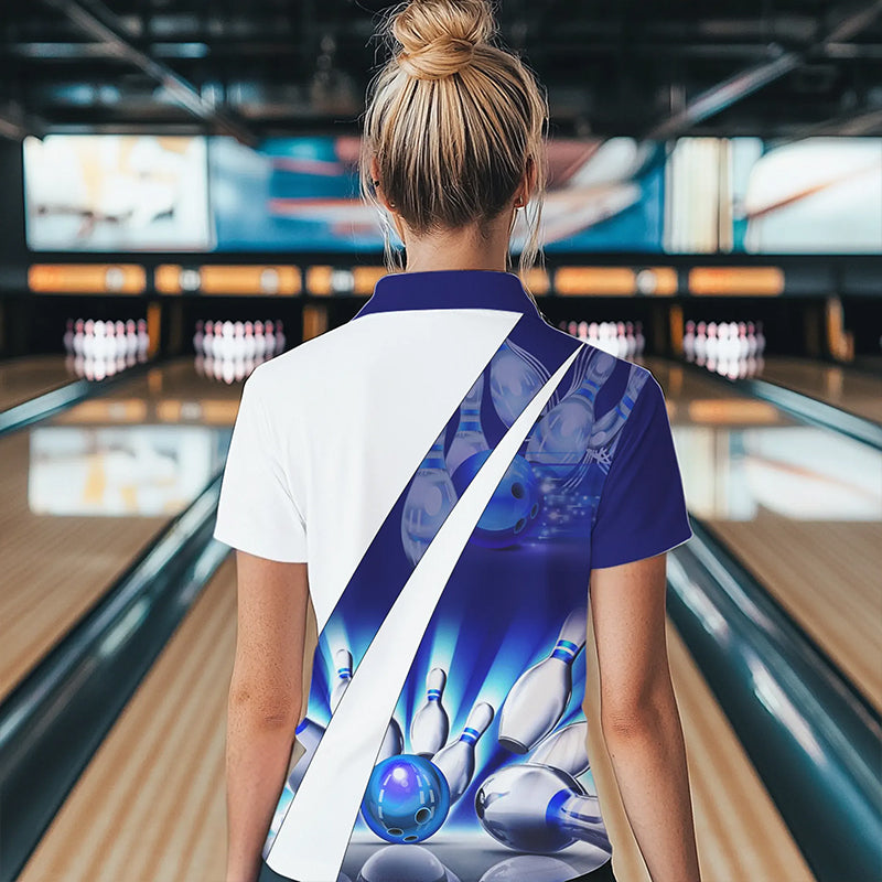 Weiße Bowling-Poloshirts für Damen – Bowlingkugel & Pins im Blauen Licht Team-Liga-Trikots NQS6732.1