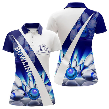 Weiße Bowling-Poloshirts für Damen – Bowlingkugel & Pins im Blauen Licht Team-Liga-Trikots NQS6732.1