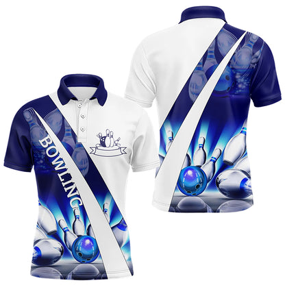 Weiße Bowling-Poloshirts für Herren – Bowlingkugel & Pins im Blauen Licht Team-Liga-Trikots NQS6732.1