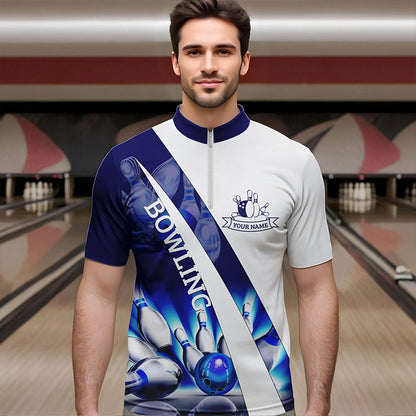 Weiße Bowling-Quarter-Zip-Shirts für Herren – Individuelle Bowlingkugel & Pins im Blauen Licht Team-Liga-Trikots NQS6732