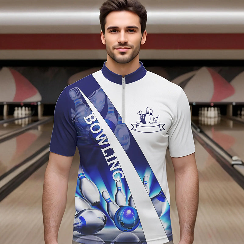 Weiße Bowling-Quarter-Zip-Shirts für Herren – Bowlingkugel & Pins im Blauen Licht Team-Liga-Trikots NQS6732.1