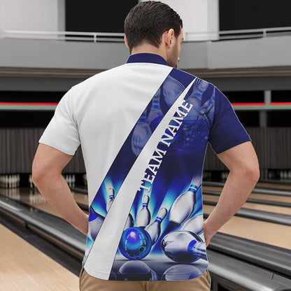 Weiße Bowling-Quarter-Zip-Shirts für Herren – Individuelle Bowlingkugel & Pins im Blauen Licht Team-Liga-Trikots NQS6732