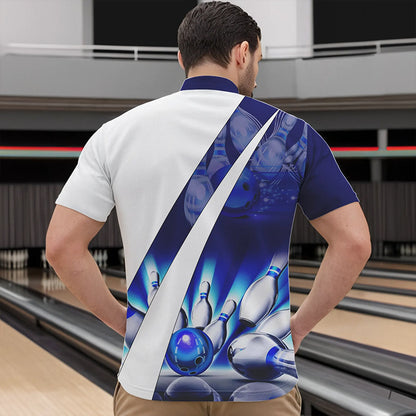 Weiße Bowling-Quarter-Zip-Shirts für Herren – Bowlingkugel & Pins im Blauen Licht Team-Liga-Trikots NQS6732.1