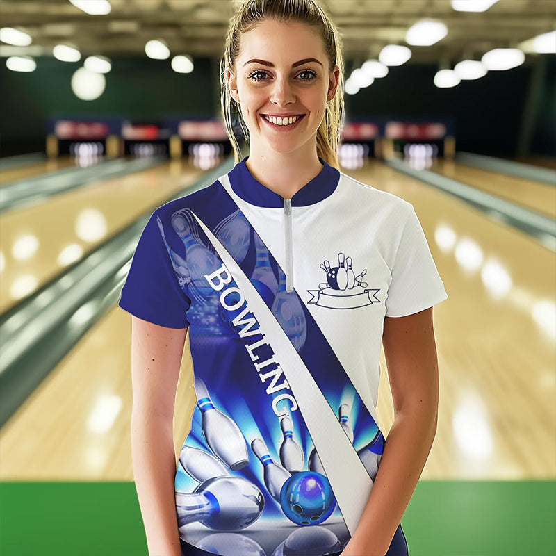 Weiße Bowling-Quarter-Zip-Shirts für Damen – Bowlingkugel & Pins im Blauen Licht Team-Liga-Trikots NQS6732.1