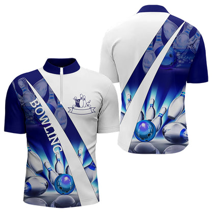 Weiße Bowling-Quarter-Zip-Shirts für Herren – Bowlingkugel & Pins im Blauen Licht Team-Liga-Trikots NQS6732.1