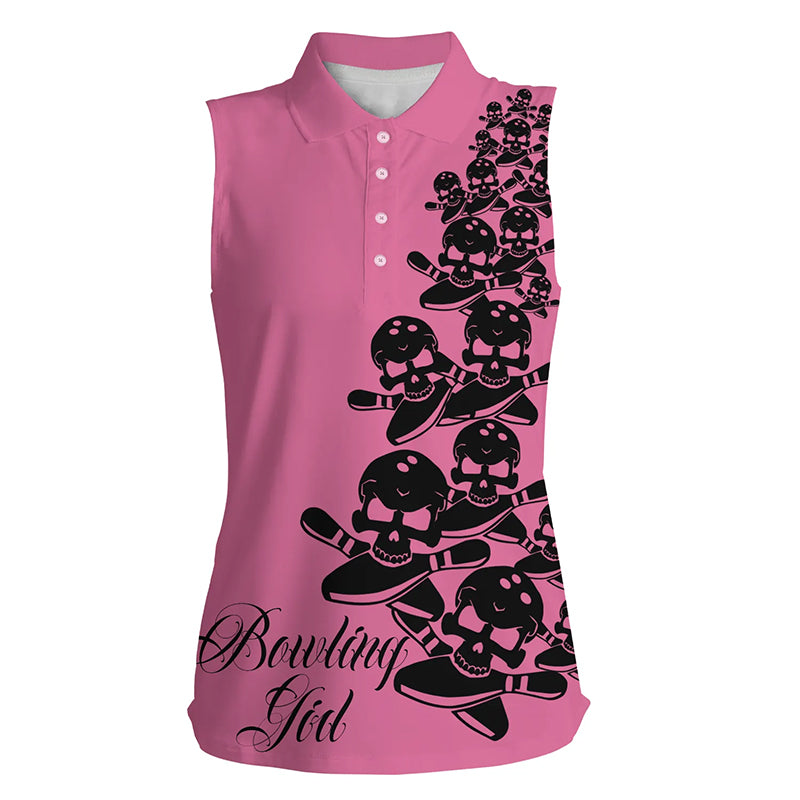 Damen-Bowling-Ärmelloses Poloshirt – Individuelles Schädel-Bowler-Trikot, Team-Bowling-Geschenke | Pink NQS5844