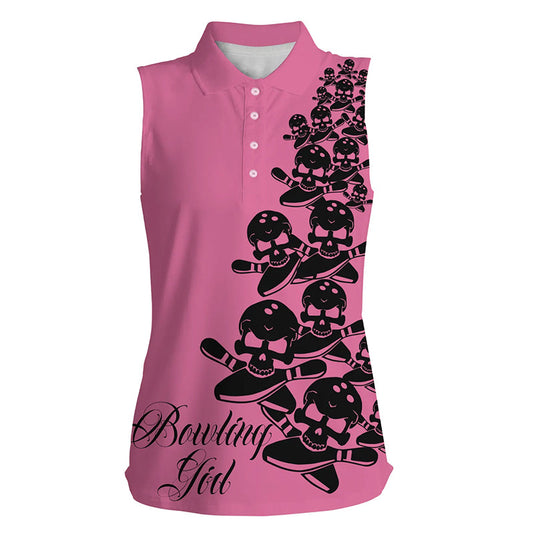 Damen-Bowling-Ärmelloses Poloshirt – Individuelles Schädel-Bowler-Trikot, Team-Bowling-Geschenke | Pink NQS5844