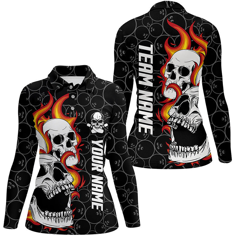 Schwarz getarnte Bowling-Poloshirts für Damen – Individuelles Flammen-Schädel-Bowling-Team-Liga-Trikots NQS6495