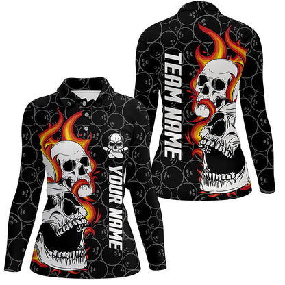 Schwarz getarnte Bowling-Poloshirts für Damen – Individuelles Flammen-Schädel-Bowling-Team-Liga-Trikots NQS6495