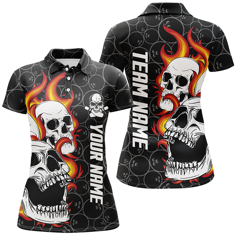 Schwarz getarnte Bowling-Poloshirts für Damen – Individuelles Flammen-Schädel-Bowling-Team-Liga-Trikots NQS6495