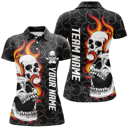 Schwarz getarnte Bowling-Poloshirts für Damen – Individuelles Flammen-Schädel-Bowling-Team-Liga-Trikots NQS6495