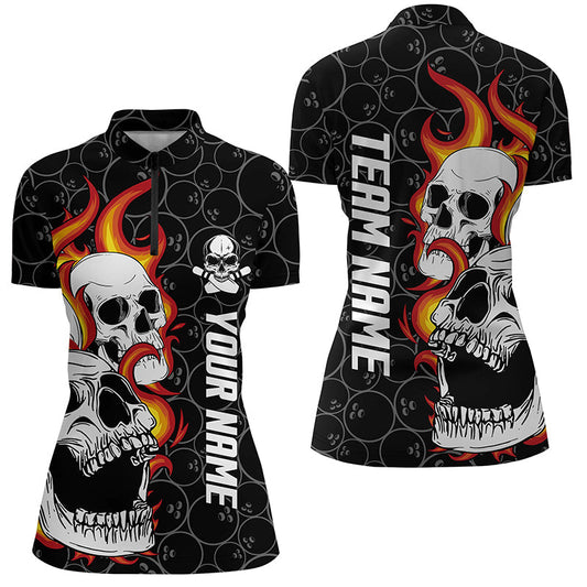 Schwarz getarnte Bowling-Quarter-Zip-Shirts für Damen – Individuelles Flammen-Schädel-Bowling-Team-Liga-Trikots NQS6495