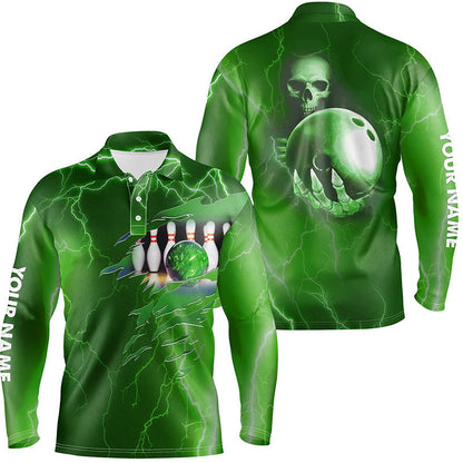 Personalisierte Bowling-Poloshirts für Herren – Grüne Blitz-Donner, Individueller Name, Team-Schädel-Bowling-Trikots NQS6493