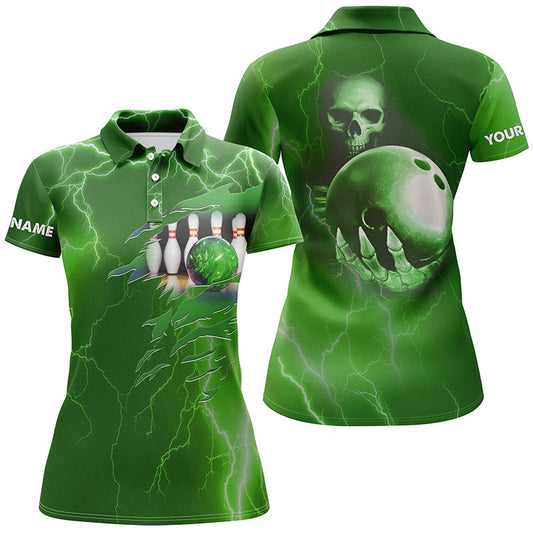 Personalisierte Bowling-Poloshirts für Damen – Grüne Blitz-Donner, Individueller Name, Team-Schädel-Bowling-Trikots NQS6493