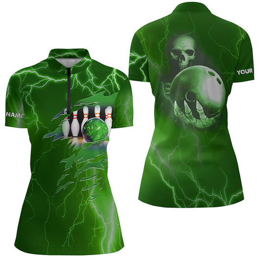 Personalisierte Bowling-Quarter-Zip-Shirts für Damen – Grüne Blitz-Donner, Individuelle Team-Schädel-Bowling-Trikots NQS6493