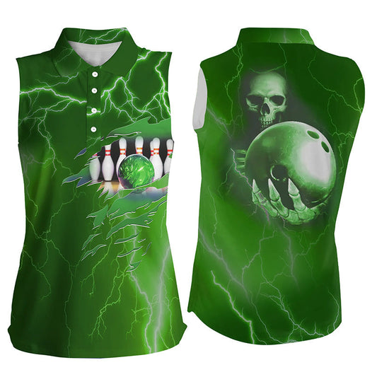 Ärmelloses Bowling-Poloshirt für Damen – Grüne Blitz-Donner, Team-Schädel-Bowling-Trikots NQS6493