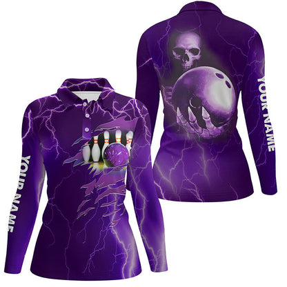 Personalisierte Bowling-Poloshirts für Damen – Lila Blitz, Individueller Name, Team-Schädel-Bowling-Trikots NQS6494