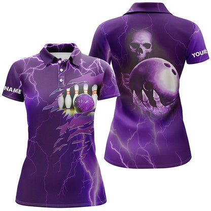 Personalisierte Bowling-Poloshirts für Damen – Lila Blitz, Individueller Name, Team-Schädel-Bowling-Trikots NQS6494