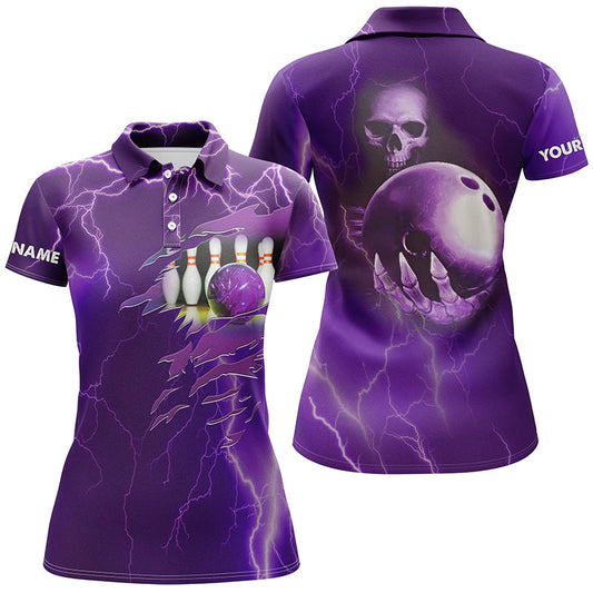 Personalisierte Bowling-Poloshirts für Damen – Lila Blitz, Individueller Name, Team-Schädel-Bowling-Trikots NQS6494