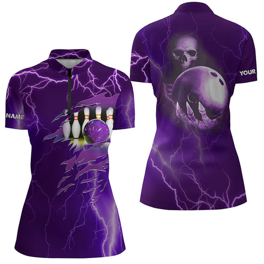 Personalisierte Bowling-Quarter-Zip-Shirts für Damen – Lila Blitz-Donner, Individuelle Team-Schädel-Bowling-Trikots NQS6494