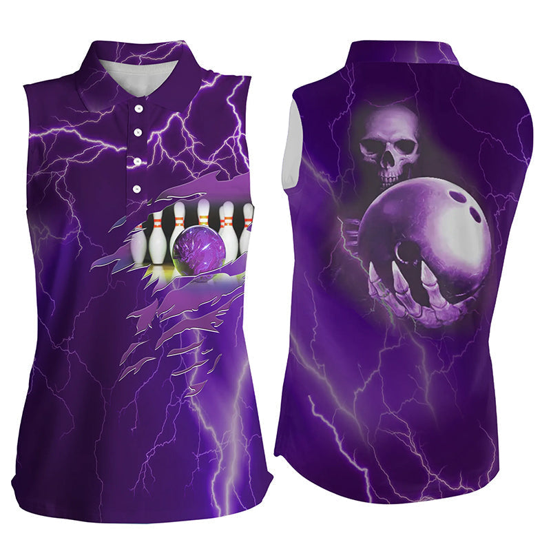 Ärmelloses Bowling-Poloshirt für Damen – Lila Blitz-Donner, Team-Schädel-Bowling-Trikots NQS6494