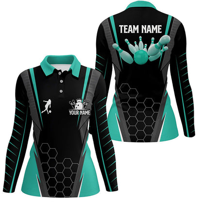 Schwarze Damen-Bowling-Poloshirts – Individueller Name, Bowler-Trikots für Damen, Team-Bowling-Outfits | Türkis NQS6505