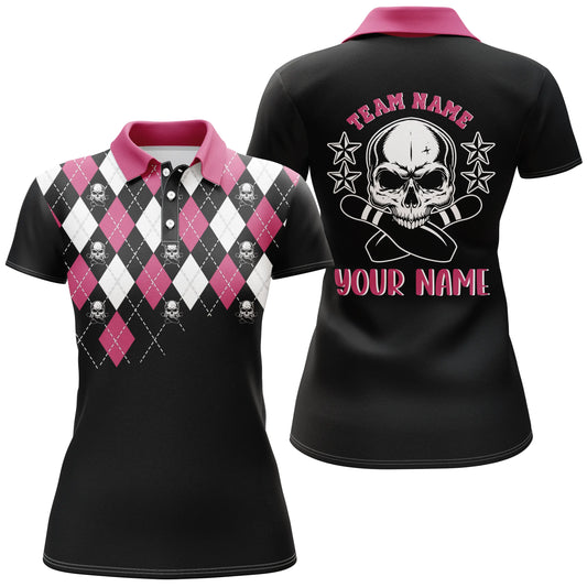 Pinkfarbene Schädel-Bowling-Poloshirts für Damen, personalisierter Name und Teamname, Bowlingtrikot NQS4690