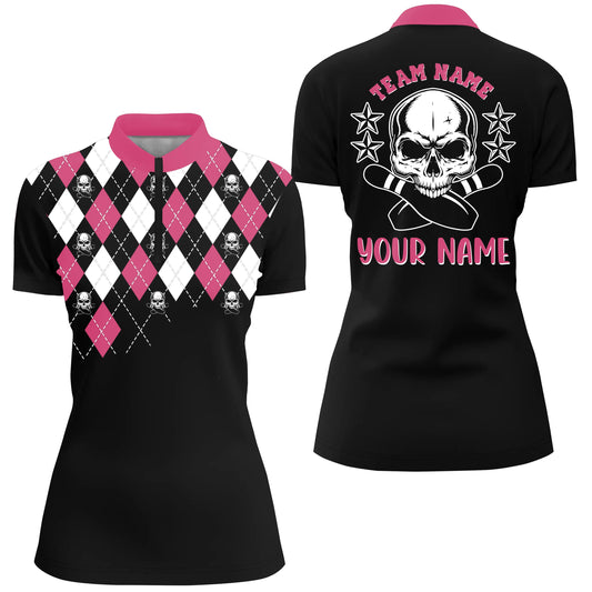 Pinkfarbene Schädel-Bowlinghemden für Damen, personalisierter Name und Teamname, Quarter-Zip-Bowlinghemd, Bowlingtrikot NQS4690