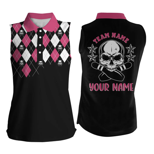 Pinkfarbene Schädel-Bowling-ärmelose Poloshirts für Damen, personalisierter Name, Bowlingtrikot NQS4690