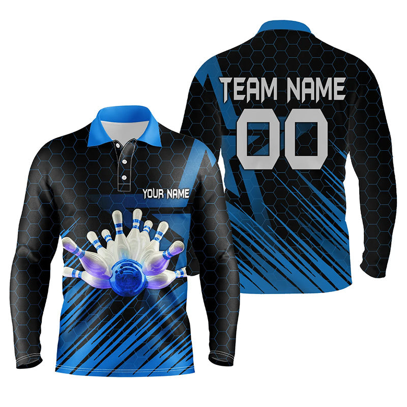Blaues Bowlinghemd für Herren, personalisiertes Polo-Bowlingtrikot, 3D-Bowling-Teamhemd für Herren NQS5139