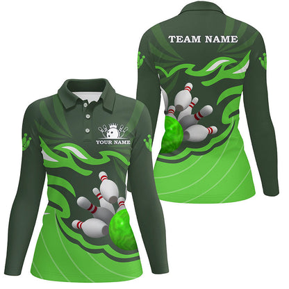 Damen-Bowling-Poloshirt – Individuelle Bowlingkugel & Pins, Team-Liga-Trikot, personalisiertes Bowling-Geschenk | Grün NQS6300